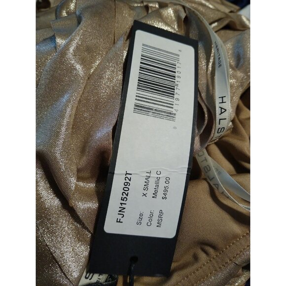 Halston Heritage Halter Dress Womens XS Gold Metallic Fringe Strips Cocktail NWT - Picture 10 of 12